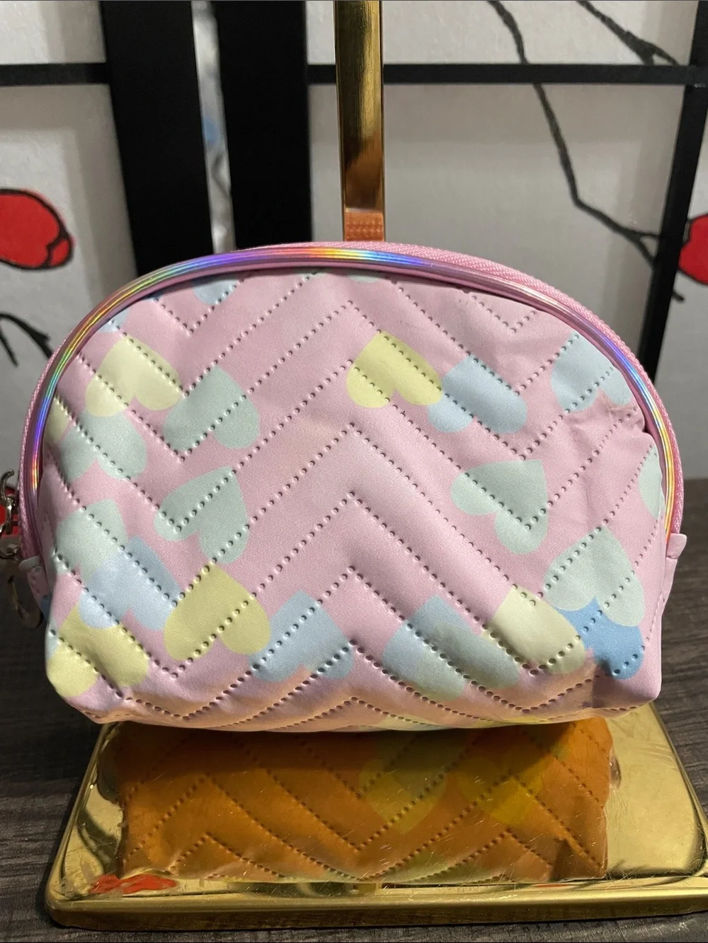 Pink Heart Print Cosmetic Pouch